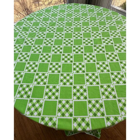 Vintage 70s fitted/bottom sheet, green checkered geometric bedsheet, double/full - Picture 3 of 7